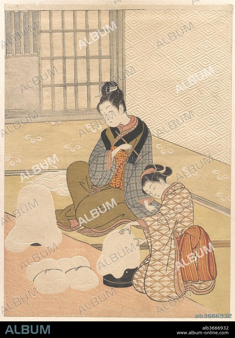 Evening Snow on the Heater. Artist: Suzuki Harunobu (Japanese, 1725-1770). Culture: Japan. Dimensions: 11 1/8 x 8 1/8 in. (28.3 x 20.6 cm)
medium-size print (chu-ban). Date: late 18th century.
The interior scene in this print is fortified by double windows, both a series of bars and shoji sliding panels. The windows, however, are open. One woman, seated and holding a pipe, seems to expect that she will be seen by a man through the gaps and will be able to arrange an assignation.
The other woman is making wadding by stretching sheets of floss silk over the lacquered dome-shaped heaters known as nurioke. Floss silk draped over a nurioke represents the "evening snow" in this print, one of the Eight Views of the Xiao and Xiang Rivers, which originated in China and became popular in Japan. The karazuri embossing technique outlines the shape of the floss silk, emphasizing its softness. 
This print is not a first edition: Slight variations in color and patterns on the walls were added, and the seal of the commissioner, Kyosen, was omitted for the commercial product.