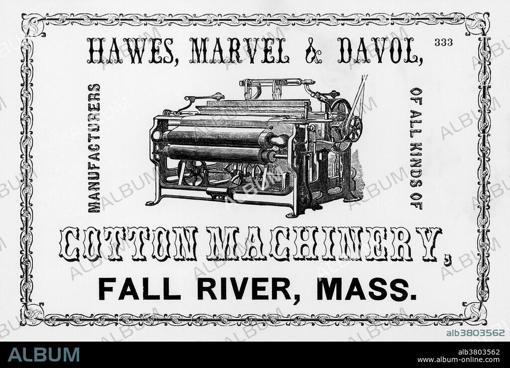 Historical advertisement for cotton machinery with an illustration of a spinning mule. This machine was used in the mills of the American northeast from the late eighteenth to the early twentieth century.