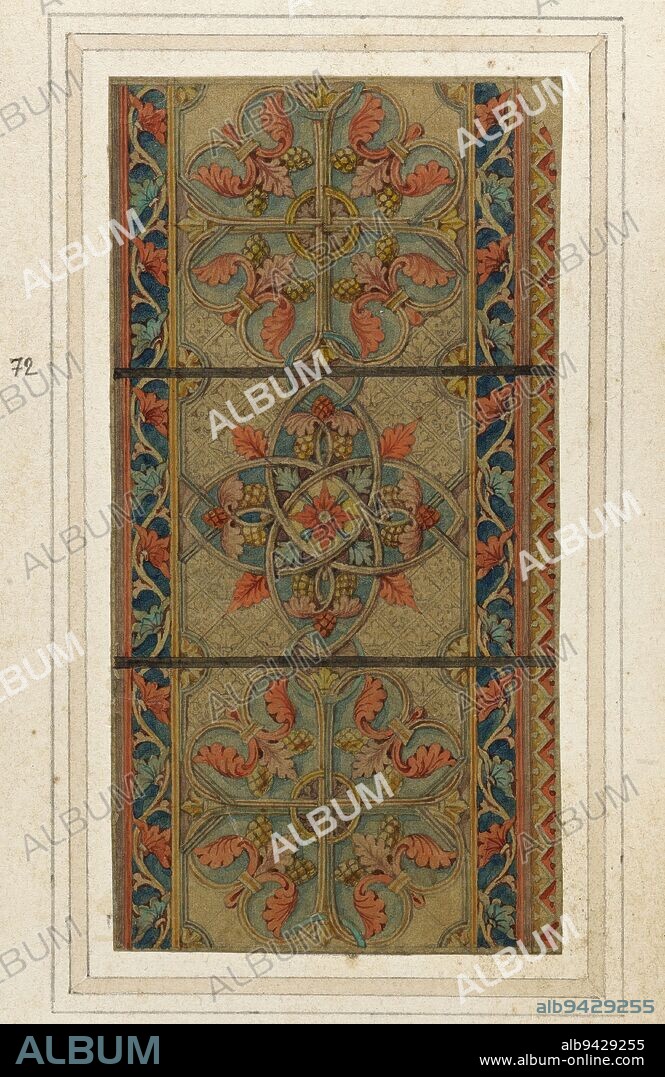 Stained glass project: ornaments, Gsell-Laurent, Glass painter, Between 1847 and 1900, Graphic arts, Drawing, Album, Crayon, Aquarelle, Watercolor, Dimensions - Work: Height: 10.6 cm, Width: 5.4 cm.