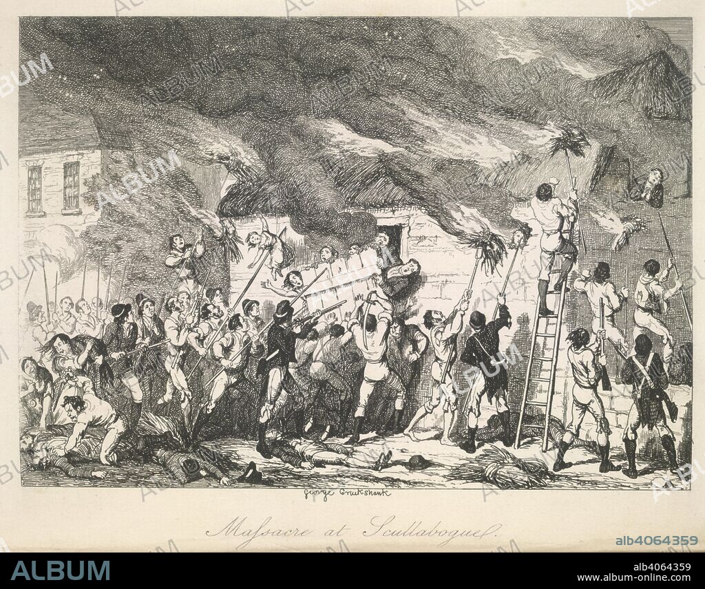 WILLIAM HAMILTON MAXWELL. Massacre at Scullaboguel'. People being burned alive inside a house.  Rebellion in Ireland. History of the Irish Rebellion in 1798; with memoirs of the Union, and Emmett's insurrection in 1803. London: H. G. Bohn, 1854. Source: 1570/1189, opposite 125. Language: English.