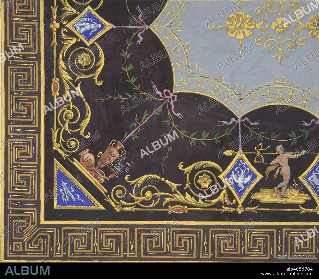 JULES-EDMOND-CHARLES LACHAISE et EUGèNE-PIERRE GOURDET. Design for wallpaper with Roman key border, rinceaux, and medallions, 1830-97.