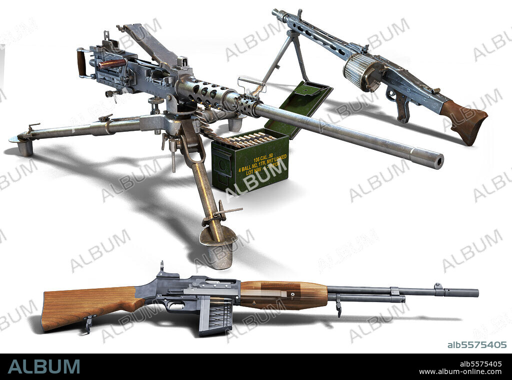 The main machine guns of WWII: The M2 Browning 50 caliber, the German MG42, and the automatic Browning BAR.