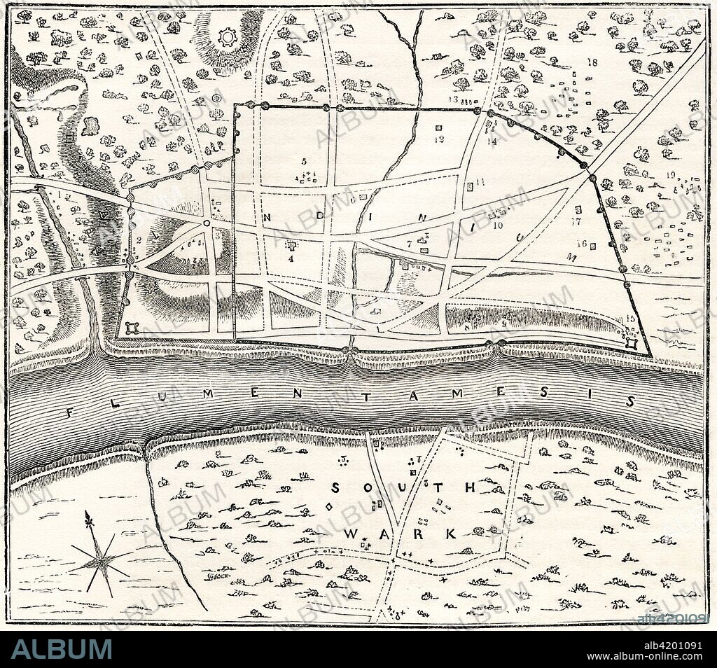 A plan of Roman London, known as Londinium, England.  From Old England: A Pictorial Museum, published 1847.