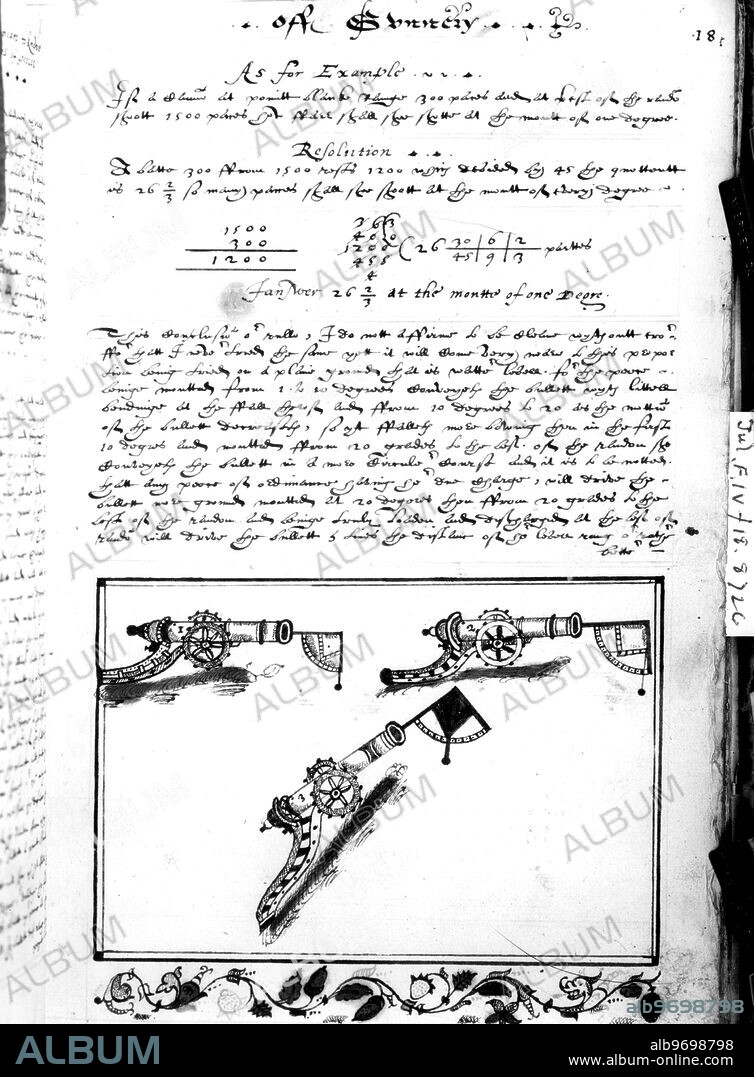 A page from Thomas Smith ' s , ' Art of Gunnery ', c1608 showing the angles of fire from a cannon and mathematical calculation . 17th century.