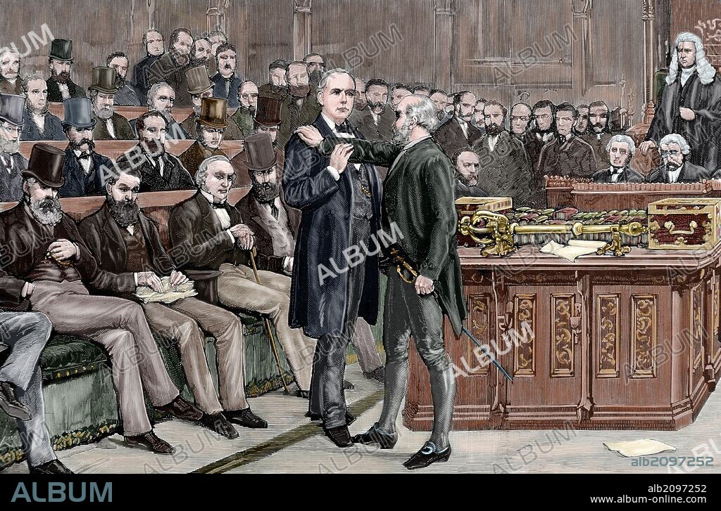 Charles Bradlaugh (1833-1891). Activista político y uno de los más famosos ateos ingleses del Siglo XIX. "Londres. Cámara de los Comunes. Arresto del diputado ateo M. Brandlaugh, por negarse a abandonar el salón de sesiones". Grabado coloreado de "La Ilustración Española y Americana", 1885.