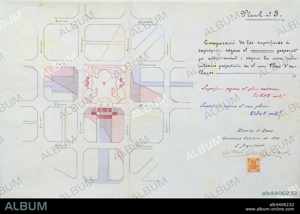 ANTONI GAUDÍ. Map of the visualization required for the Sagrada Familia, Barcelona, 1916.