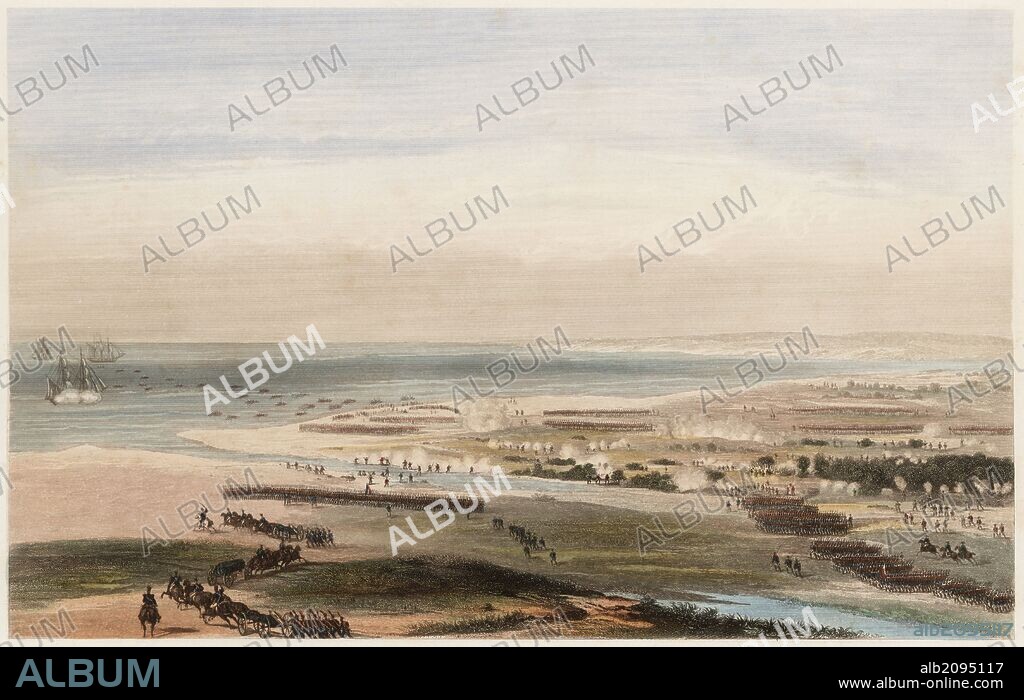 Francia. Guerras napoleónicas. Batalla de Santa Eufemia el 3 de julio de 1806 entre tropas francesas y la Cuarta Coalición formada por Prusia, Sajonia y Rusia. Grabado del siglo XIX.