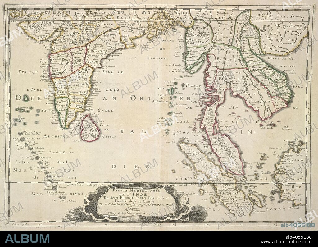 SANSóN. A map of the East Indies, bordering on the Great Mogul Empire. [L'Inde decÌ§a et dela le Gange, ouÌ€ est l'Empire du Grand Mogol, et Pays circonvoisins (Partie Meridionale de l'Inde) par Sanson]. Paris, 1703. Source: Maps K.Top.115.9. Language: French.