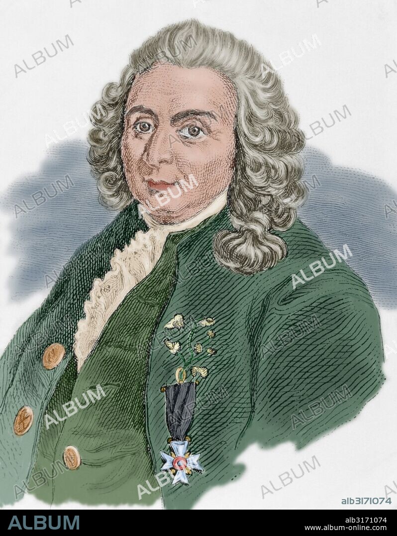 LINNEO, Carl von (Rashult, 1707-Uppsala, 1778). Médico y botánico sueco. Estableció la nomenclatura por la que todo ser vivo está designado por sus dos nombres latinos, el del género y el de la especie. En 1735 realizó una clasificación de las plantas. Grabado coloreado.
