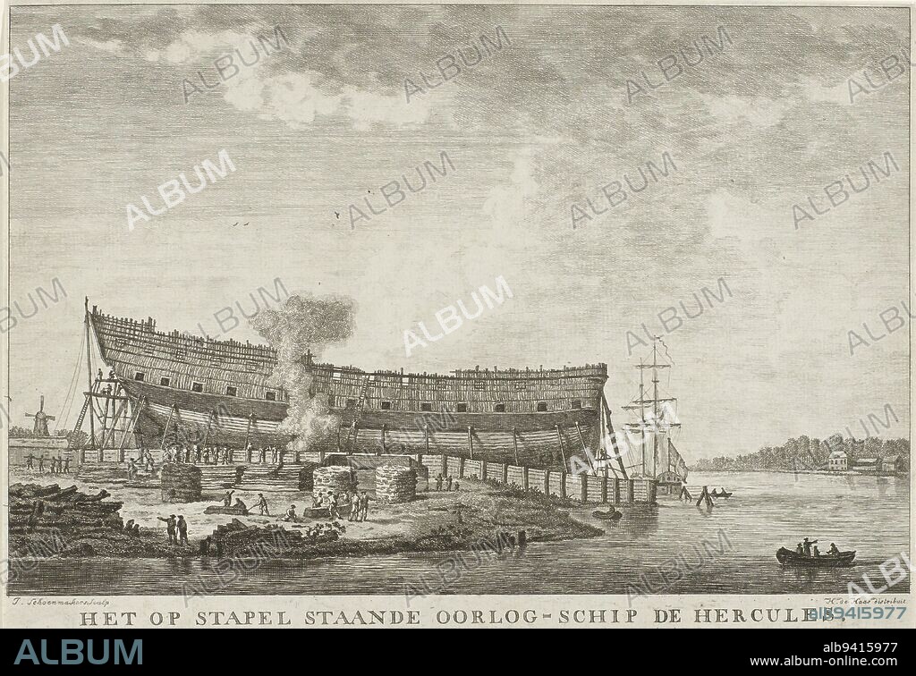 The still unfinished ship of the line Hercules standing at the shipyard outside Dordrecht, April 1782. The ship was built in the period 1781-1782 after shipbuilding drawings by Pieter van Zwijndregt at the new shipyard of shipwright I. Spaan. The launching took place on 12 April 1782. On the back of the print some scribbles and sketches. The print is accompanied by a pendant, Warship Hercules under construction, 1782 The warship Hercules under construction. Built by the ship's carpenter I. Spaan. on the new wharf outside Dordrecht. MDCCLXXXII. (title on object), print maker: Johannes Schoenmakers, (mentioned on object), publisher: Hendrik de Haas, (mentioned on object), Northern Netherlands, 1782, paper, etching, engraving, h 232 mm × w 296 mm.