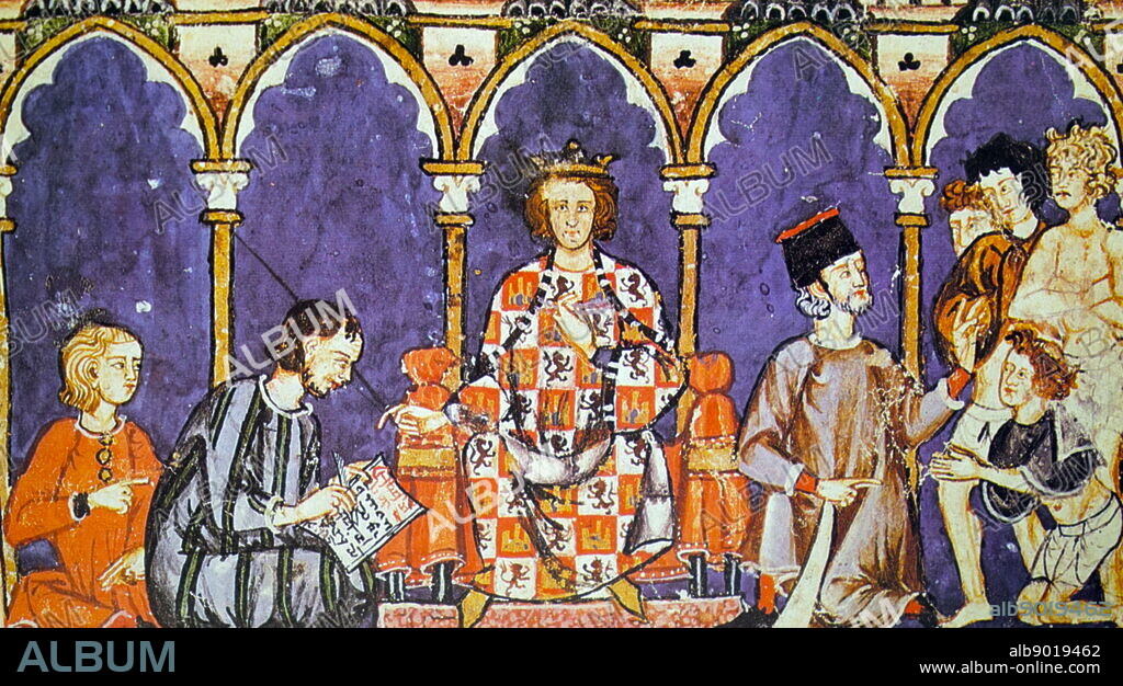 Liveries. Alfonso X, King of Spain, wearing the livery of the Royal House. Coloured illustration. Alfonso X (23 November 1221 - 4 April 1284) was the king of Castile, Leon and Galicia from 30 May 1252 until his death in 1284.