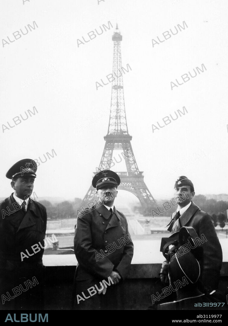 Photograph of Adolf Hitler in Paris, with the Eiffel Tower in the background. Dated 1940.