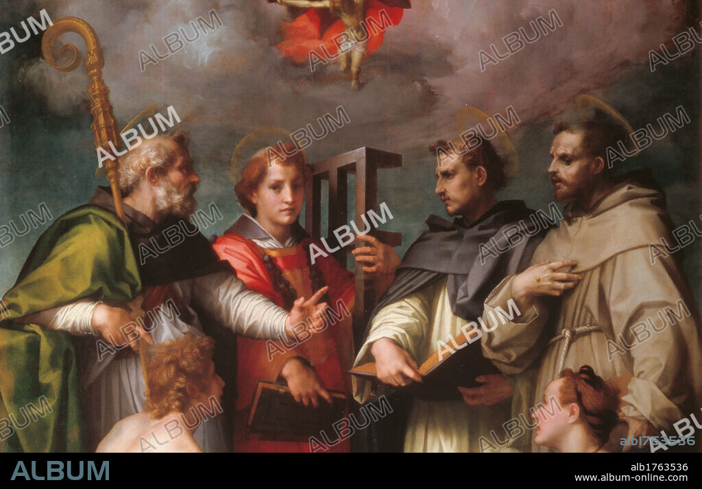 Disputation over the Trinity, by Andrea DAgnolo known as Andrea del Sarto, 1517, 16th Century, oil on panel, cm 232 x 193. Italy, Tuscany, Florence, Palazzo Pitti, Palatine Gallery. The Mystery of Trinity illustrated by St Augustine, author of De Trinitade and exegete of the dogma.. Detail. Disputation Holy Trinity men saints St Sebastian St Peter Martyr pastoral staff St Lawrence gridiron St Augustine book St Francis of Assisi habit stormy cloud. Authorization required for non editorial use.