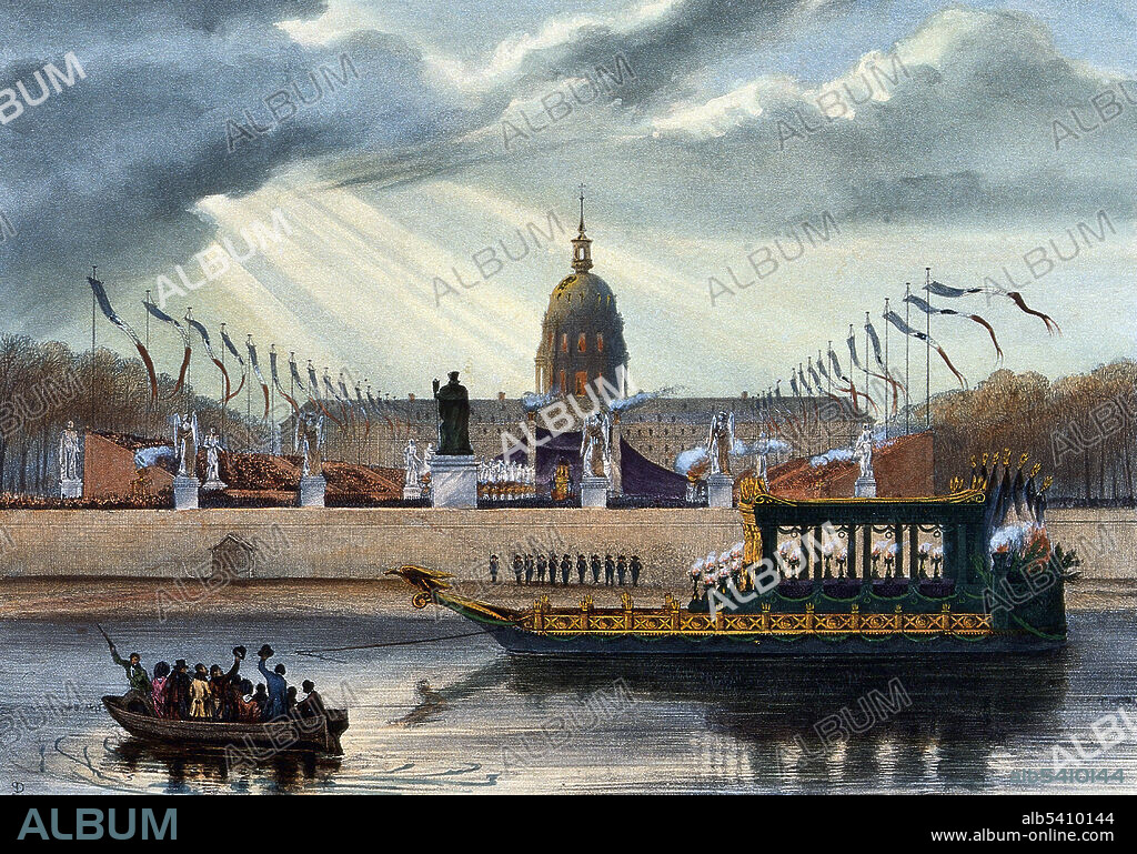 The boat carrying the catafalque of Napoleon Bonaparte. Napoleon Bonaparte (August 15, 1769 - May 5, 1821) was a French military and political leader during the latter stages of the French Revolution. As Napoleon I, he was Emperor of the French from 1804-15. His legal reform, the Napoleonic Code, has been a major influence on many civil law jurisdictions worldwide, but he is best remembered for his role in the wars led against France (Napoleonic Wars). He established hegemony over most of continental Europe and sought to spread the ideals of the French Revolution, while consolidating an imperial monarchy. In 1813 Napoleon was forced to abdicate and exiled to the island of Elba. He escaped a year later and returned to power, but was defeated at the Battle of Waterloo in 1815. Napoleon was confined by the British on the island of Saint Helena and died there in 1821. In 1840, Louis Philippe I obtained permission from the British to return Napoleon's remains to France. On December 15, 1840, a state funeral was held.