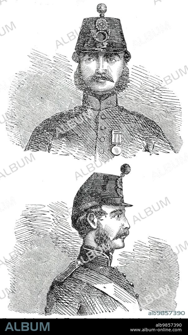 New Shako for the Infantry, 1860. 'The authorities at the Horse Guards have decided on discontinuing the ugly and cumbersome shako worn in the Army, and substituting in place of it a headdress of a much lighter and somewhat more ornamental character, not unlike the large-peaked forage-caps worn by several of the volunteer rifle corps, though the crown is somewhat higher...The new shako is now being issued to the following regiments: 1st battalion Rifle Brigade, 4th battalion Rifle Brigade, 1st battalion 60th Rifles, 1st battalion 8th Regiment, and 53rd Regiment. Should it be found to wear satisfactorily, the whole of the Army will hereafter adopt it in the place of the felt shako now in use. The body of the new shako is made from two thicknesses of cloth stitched together by the sewing-machine, the outer piece of cloth being waterproofed. Ventilation is provided for by perforations under the open figures of the shako-plate, and under the ornament at the back, so that a current of air can pass through the shako from front to back. The cloth being elastic causes the cap to give to the shape of the head; and, the size of the ornaments being considerably reduced, the shako, when complete, weighs about half that of the present pattern'. From "Illustrated London News", 1860.