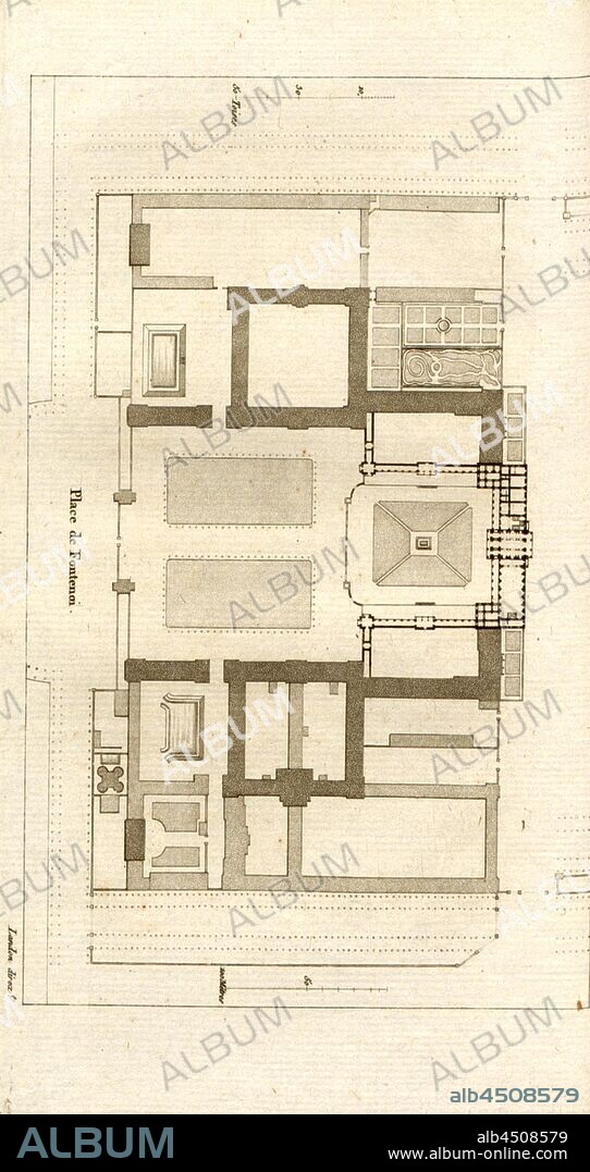 General plan of the Military School, Plan of the École militaire in Paris, Pl. 22, after p. 90, p. 137, Landon (direxit), J. G. Legrand; C. P. Landon: Description de Paris et de ses édifices: avec un précis historique et des observations sur le caractère de leur architecture, et sur les principaux objets d'art et de curiosité qu'ils renferment. Seconde édition, corrigée avec soin dans toutes ses Parties, et considérablement augmentée. Bd. 2. Paris. Strasbourg. Treuttel et Würtz, 1818.
