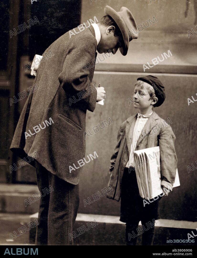 Entitled: "Michael McNelis, 612 Noble St., age 8 yrs. Old, newsboy. This boy just recovered from his second attack of pneumonia, was found selling papers in big rain storm today. General appearance was neat. Edward F. Brown, Investigator. Location: Philadelphia, Pennsylvania. June 1910." The position of paperboy occupies a prominent place in many countries, including the United States, Canada, United Kingdom, Australia, New Zealand, Ireland, and Japan. This is because it has long been the first paying job available to young teenagers, often male. It is a low-standing job and therefore has relatively low-pay. As most papers are delivered early in the morning it requires the delivery person to get up early, which can also mean braving cold, dark, and inhospitable conditions. Newspaper industry lore suggests that the first paperboy, hired in 1833, was 10 year-old Barney Flaherty who answered an advertisement in the New York Sun, which read "To the Unemployed a number of steady men can find employment by vending this paper.".