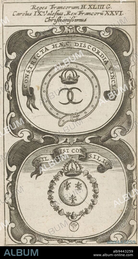 Crowned monogram CC in a garter / Chain of the Order of Saint Michael, Constricta Haec Discordia Vinclo / Nil Nisi Consilio (title on object), Symbola Divina et Humana Pontificum Imperatorum Regum (series title), An emblem with two representations. Below a crowned monogram CC in a garter. Below a crowned chain of the Order of St. Michael containing a circle with three French lilies. These are currency of King Charles IX of France., print maker: anonymous, after print by: Aegidius Sadeler (II), 1666, paper, engraving, letterpress printing, height 119 mm × width 68 mm.