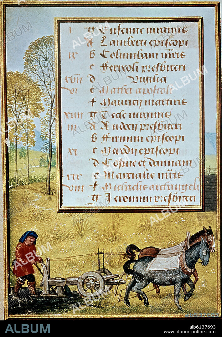 CAMPESINO ARANDO - MANUSCRITO MEDIEVAL - SIGLO XIV.