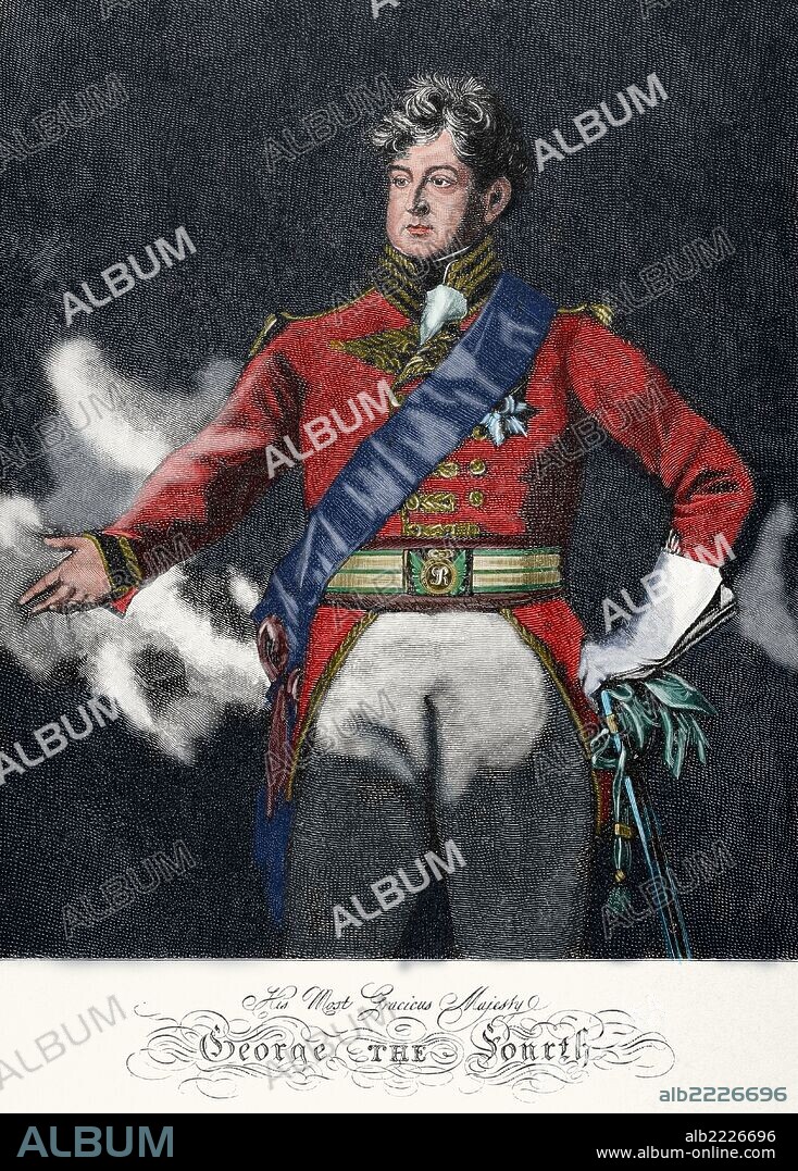 JORGE IV del Reino Unido (1762-1830). Rey del Reino Unido y de Hannover, duque de Brunswick-Lüneburg desde el 29 de enero de 1820 hasta su muerte, el 26 de junio de 1830 y duque de Bremen y príncipe de Verden (1820-23). Grabado coloreado. "Historia Universal", 1881.