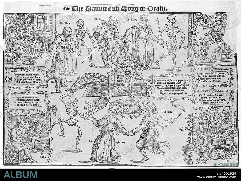 Dance and song of death. The Daunce and Song of Death. [Verses, beginning:. Illustration depicting death; the old man; a beggar; a king; a fool; and a wise man, all dancing in a circle.  Image taken from The Daunce and Song of Death. [Verses, beginning: Come daunce this trace ye people all. . Source: Huth.50.(32),. Language: Engilsh.