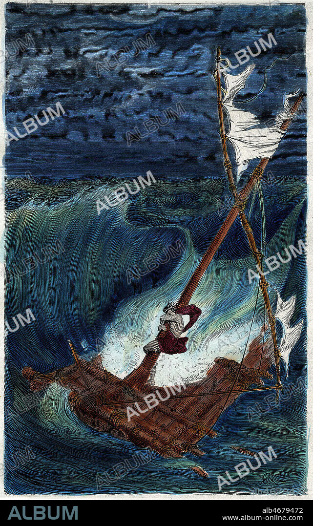 ULYSSE, l'Odyssee. Tempete apres qu'ULYSSE a quitte l'ile de Calypso. Gravure Olivier in L'Odyssee , 1907, Edition Hachette. mise en couleur par nos soins. Credit Collection MA/KHARBINE TAPABOR.