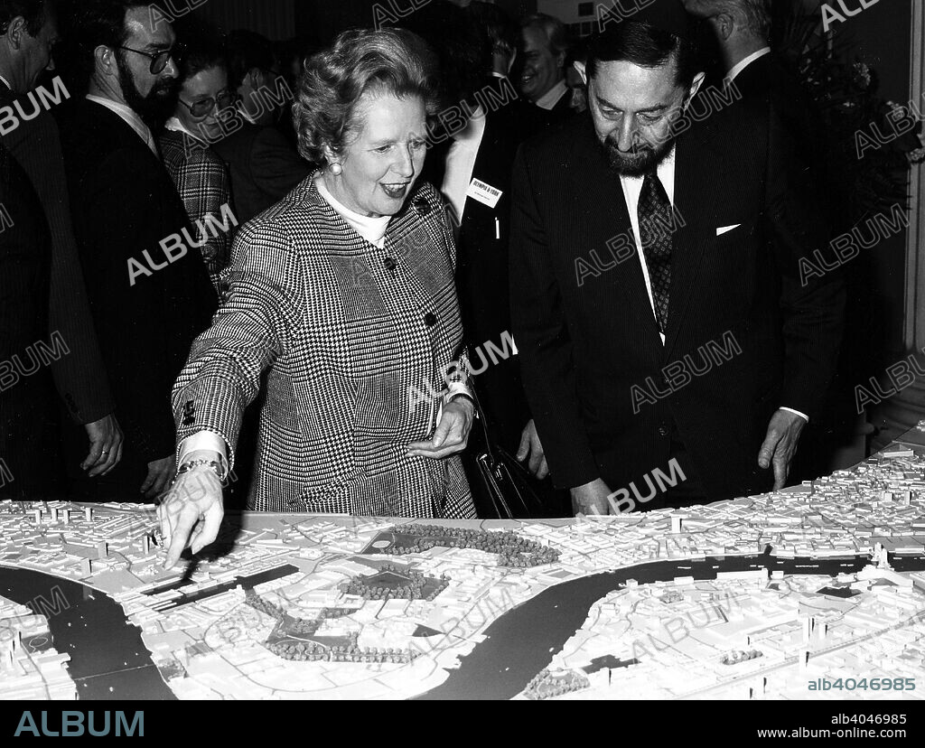 Margaret Thatcher (1925- ), British Prime Minister, viewing the Canary Wharf scheme, 1988. Paul Reichman and Margaret Thatcher, with the model of the Canary Wharf development in London's Docklands.
