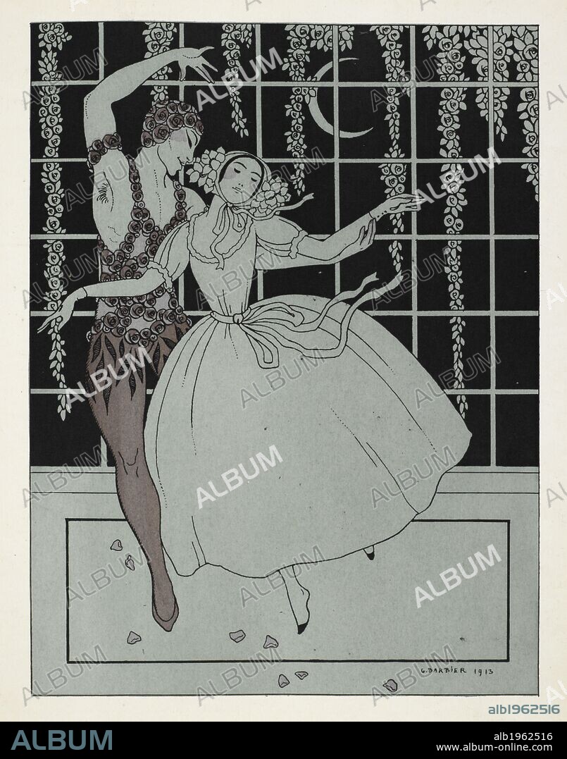 GEORGE BARBIER. "Le Spectre de la Rose". The image takes its name from the ballet of the Ballets Russes based on a poem by ThÃ©ophile Gautier. The dancers at the original performance were Vaslav Nijinsky as the Rose and Tamara Karsavina as the Girl, and can be seen dancing together under the moonlight. Designs on the Dances of Vaslav Nijinsky ... Foreword by Francis de Miomandre, translated from the French by C. W. Beaumont. London, Paris [printed], 1913. Source: L.R.28.a.14, plate 9.