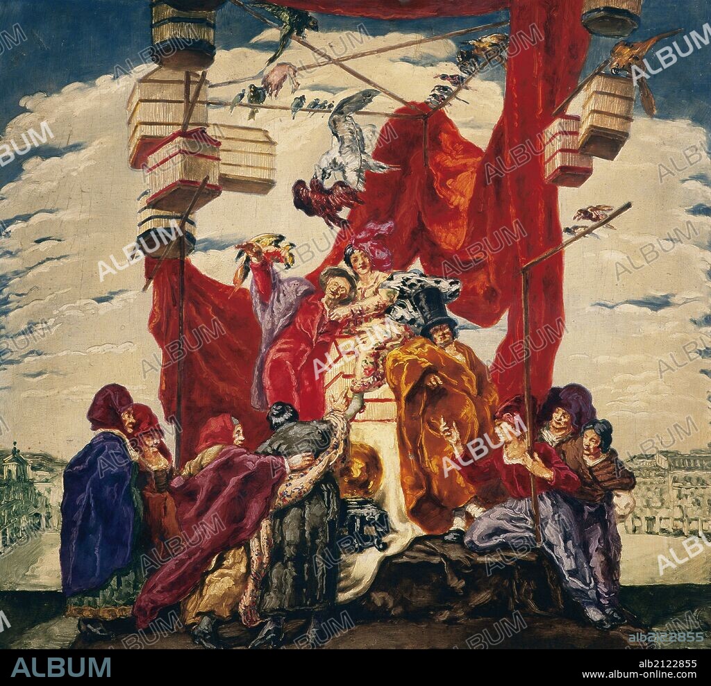 ARTE S. XX. ESPAÑA. SERT, José María (Barcelona,1876-Barcelona,1945). Pintor muralista español, establecido en París (1899) donde triunfó como pintor-decorador. "LOS PAJAREROS". Esbozo. Oleo sobre cartón. Tamaño: 0,50 x 0,53 cm. Perteneciente a la serie de cartones para tapiz, 1922-1923. Encargo del rey Alfonso XIII para la Real Fábrica de Tapices. Proyecto no realizado. Museo de Arte Contemporáneo de Madrid.