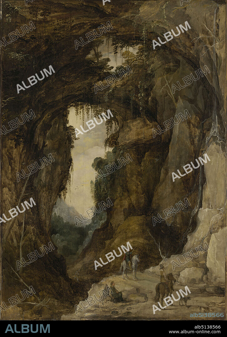 Artist: Joos de Momper the Younger, Flemish, 15641635, Landscape with Grotto and a Rider, ca. 1616, Oil on panel, framed: 116.52 × 87 cm (45 7/8 × 34 1/4 in.), On view, Flemish, 16th century, Paintings.