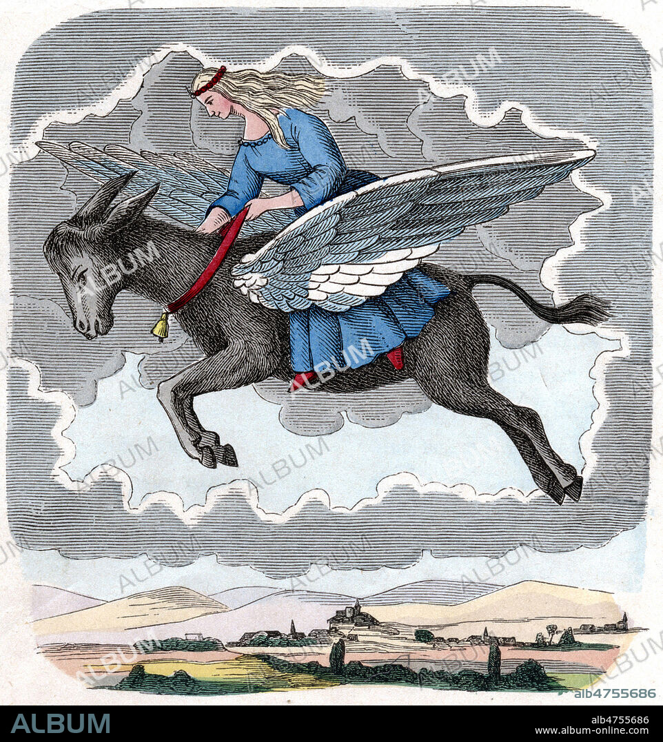 La jeune fille avec son ane volant . (le Prince Vertbois et Perle-de-prix, avec leur bon Ane, gentil et avise) Prinz Gunwald und Perlenfein mit ihrem lieben Eselein, livre pour enfants par HEinrich HOFFMANN (1809-1894) psychiatre, et auteur pour enfants (auteur du livre celebre Pierre l'Ebourriffe ou ER STRUWWELPETER (1845), 1871. Litterature pour la jeunesse, Allemagne , 1871, 19eme siecle. Credit Collection KHARBINE TAPABOR.