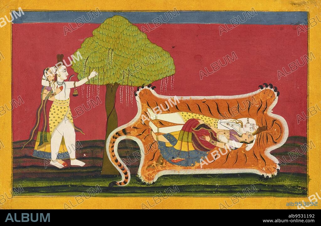 GOLU, SON OF DEVIDASA (attributed). Close to the image are two thin black lines framing the image. Against a red background, on the left, Shiva walks with Parvati past a large tree. On the right, the couple lie down on a tiger skin. Yellow border. Opaque watercolor and gold on paper. Origin: Nurpur, Himachal Pradesh state, India. Date: ca. 1710 - ca. 1715.