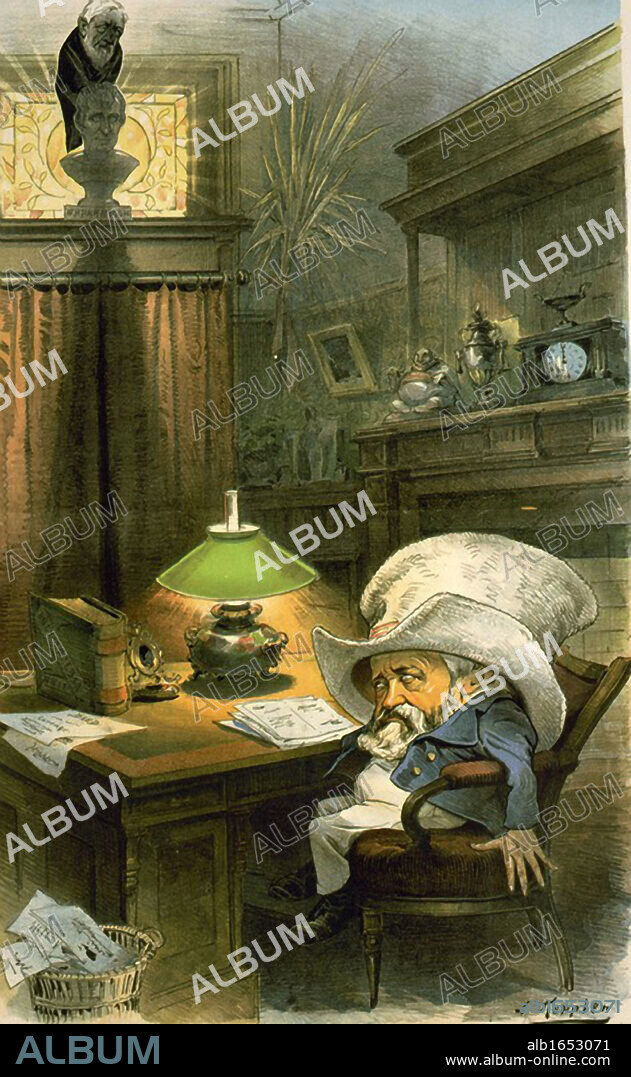 The Raven' Cartoon by Joseph Keppler, 1890. Benjamin Harrison 23rd President of the USA (1889-1893) at desk. On bust Secretary of State Blaine, who disagreed with Harrison over McKinley Tariff, perches in form of a raven probably saying 'Nevermore'.