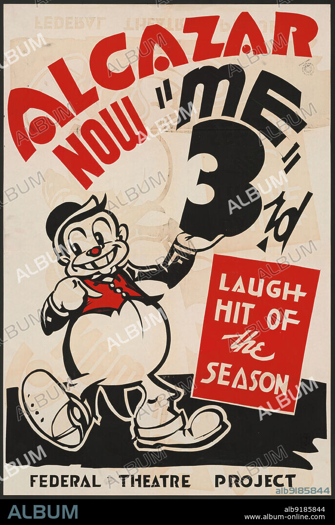 Me Third, San Francisco, 1938. 'Alcazar [Theatre] Now - "Me 3rd" - Laugh Hit of the Season'. The Federal Theatre Project, created by the U.S. Works Progress Administration in 1935, was designed to conserve and develop the skills of theater workers, re-employ them on public relief, and to bring theater to thousands in the United States who had never before seen live theatrical performances.