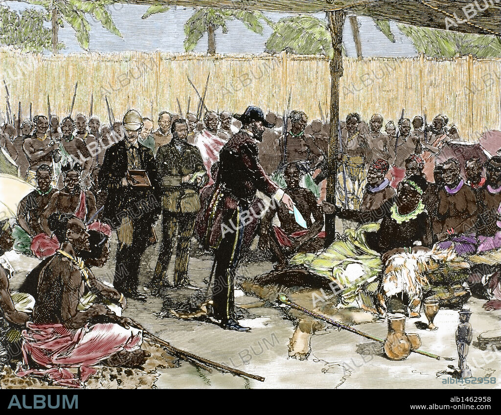 BRAZZA, Pierre-Paul Savorgnan de (1852-1905). Explorador y navegante francés de origen italiano. "BRAZZA ENTREGANDO AL REY MAKOKO EL TRATADO DEL PROTECTORADO, RATIFICADO POR EL GOBIERNO FRANCES". Grabado coloreado del s. XIX.