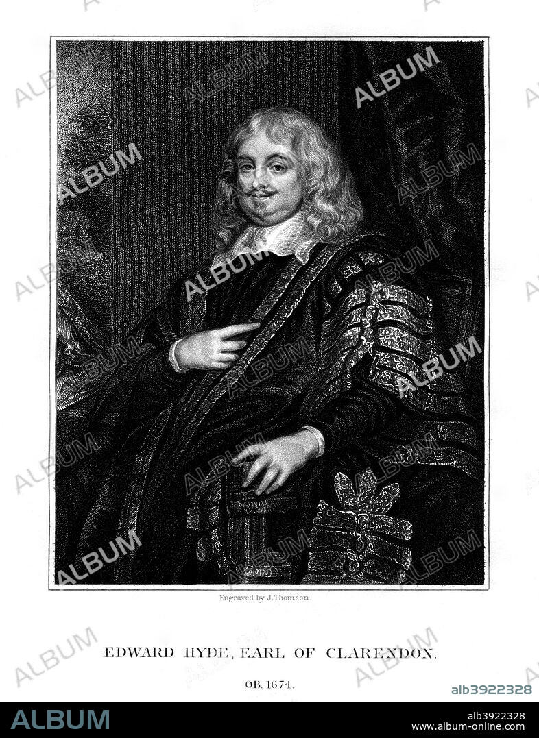 Edward Hyde, 1st Earl of Clarendon, English historian and statesman, (1824). Hyde (1609-1674) was Chancellor of the Exchequer to King Charles I, and author of the Clarendon Code, designed to preserve the supremacy of the Church of England. On the Restoration of the monarchy in 1660, he returned with Charles II. However he was banished in 1667, and spent the rest of his life in exile in France.