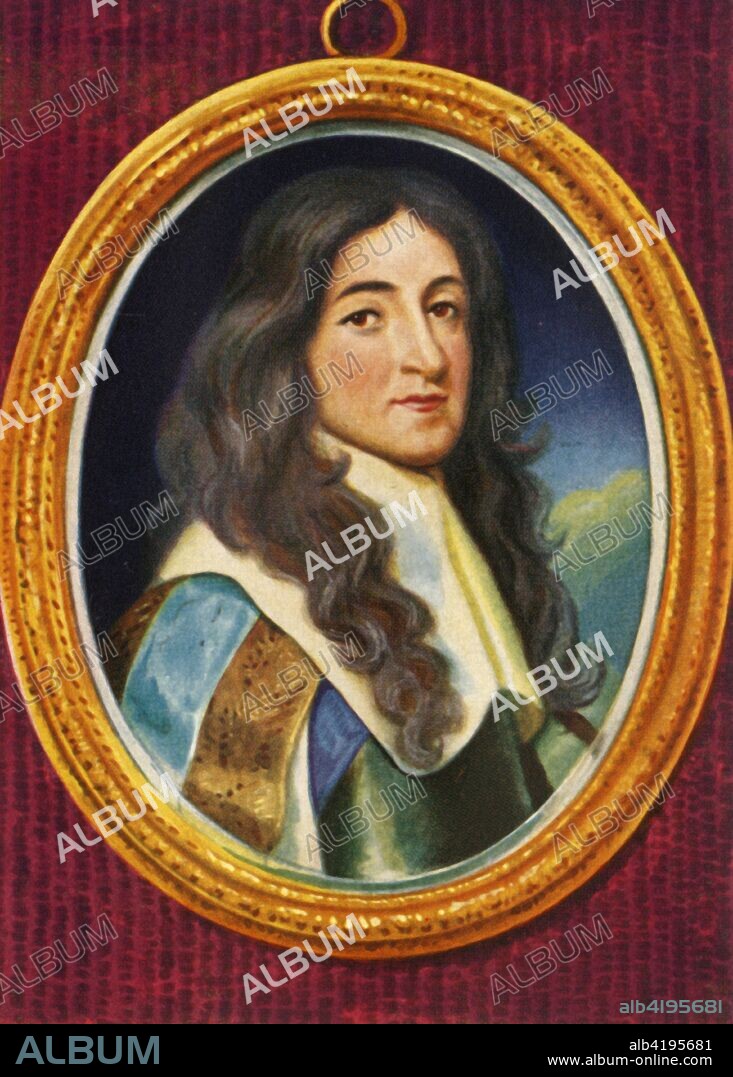 'Jakob II', (1933). Portrait of King James II of England, King of Scots, and King of Ireland (1633-1701). the last Roman Catholic monarch to reign over the Kingdom of England, Kingdom of Scotland, and Kingdom of Ireland. After a miniature by Samuel Cooper. From "Gestalten Der Weltgeschichte", a book of cigarette-card portrait miniatures of figures in world history from the last four hundred years. [Germany, 1933].