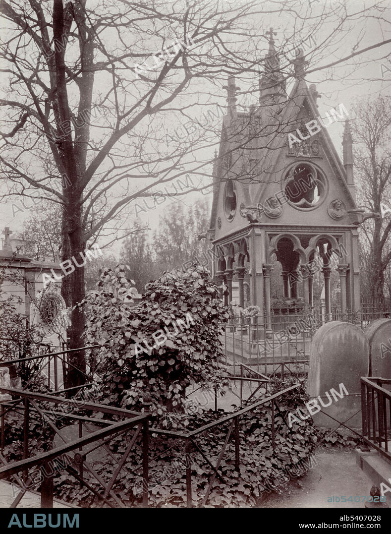 Over 1 million people are buried in the Pere Lachaise Cemetery, but the first residents were the famous lovers, Abelard and Héloïse. In 1817, their remains were transferred there and placed in a monumental tomb, a masterpiece of High Gothic style, in the South of the cemetery near the main entrance. It has become a tradition that modern lovers to leave letters at their tomb. Eugène Atget, undated (cropped and cleaned).