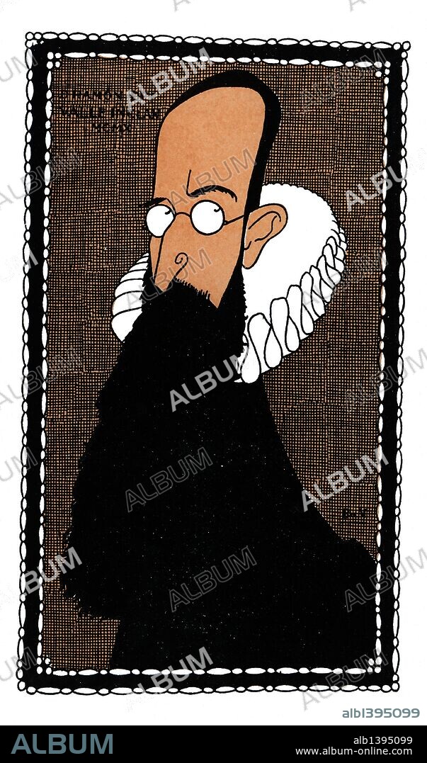 ROMÁN BONET SINTES "BON". Caricatura de Ramón José Simón Valle Peña, conocido como Ramón María del Valle-Inclán (Villanueva de Arosa, 1866-Santiago de Compostela, 1936). Dramaturgo, poeta y novelista español, que formó parte de la corriente denominada Modernismo en España y próximo, en sus últimas obras, al alma de la Generación del 98; es considerado uno de los autores clave de la literatura española del siglo XX. Año 1911.