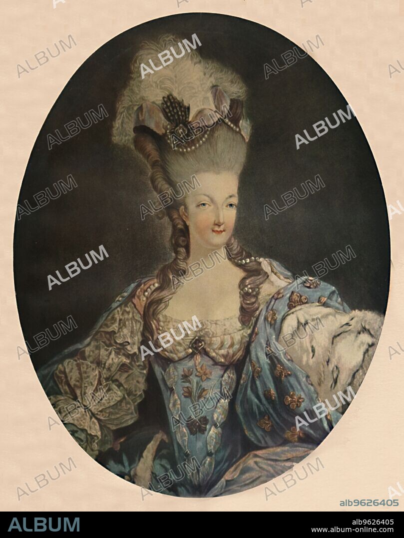JEAN FRANçOIS JANINET. 'Marie Antoinette, Queen of France', 1777, (1913). Marie Antoinette, Queen Consort of Louis XVI of France, (1843). The daughter of Francis I and Maria Theresa of Austria, Marie Antoinette (1755-1793) married the French Dauphin (the future King Louis XVI) in 1770. Louis became king in 1774, but Marie-Antoinette's unpopularity due to her perceived extravagance, indifference to the plight of ordinary people and opposition to reform, contributed to the outbreak of the French Revolution in 1789 and the overthrow of the monarchy. She was tried and executed by the guillotine in 1793 after a year's imprisonment. From French Colour-Prints of the XVIII Century. [William Heinemann, London, 1913].