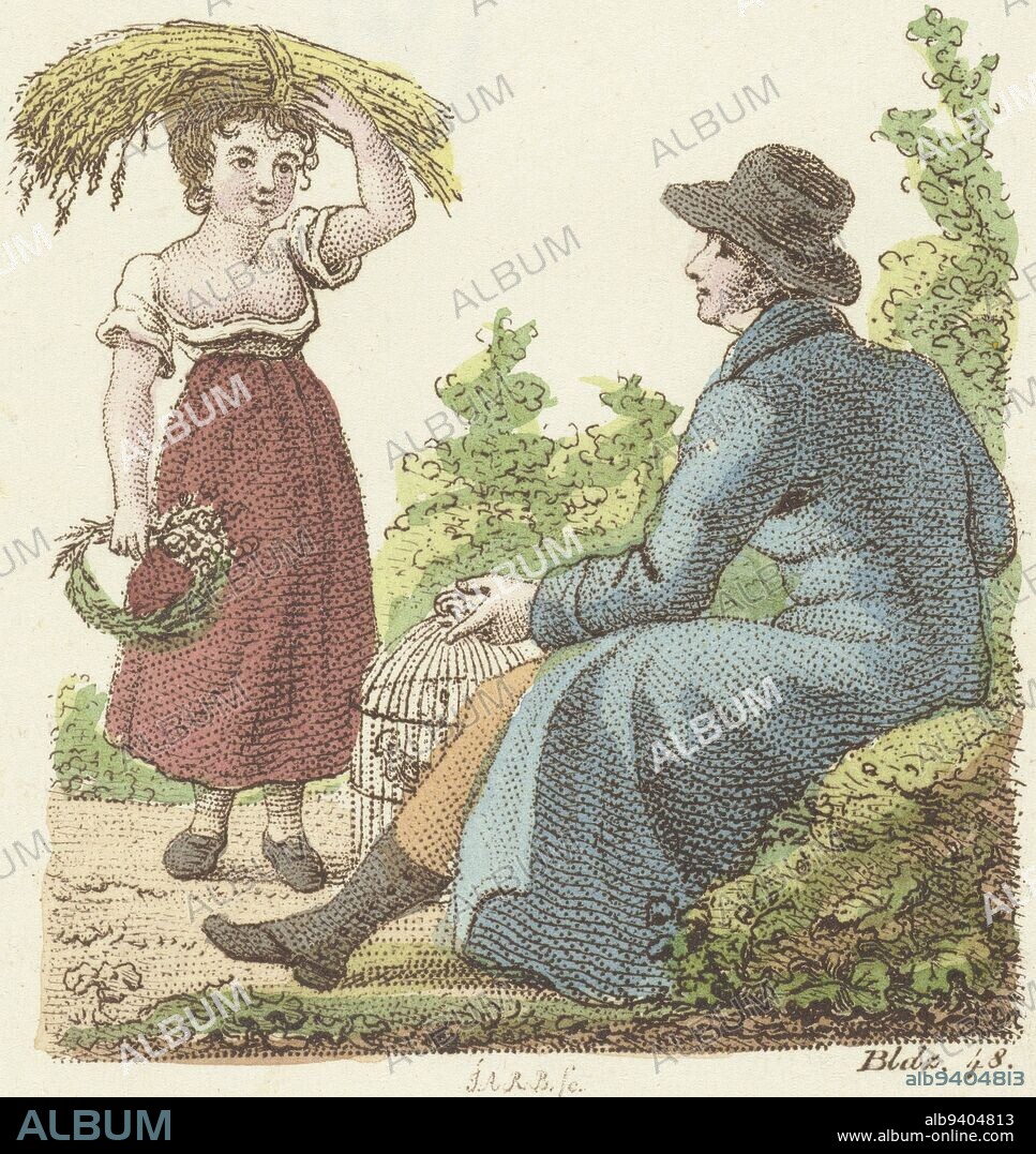 Maria wears ears of corn on her head and is in conversation with man with birdcage The motherless Maria (series title), print maker: Johannes Alexander Rudolf Best, (mentioned on object), publisher: Gerrit Jan Adriaan Beijerinck, Amsterdam, 1807 - 1823, paper, etching, h 135 mm × w 86 mm.