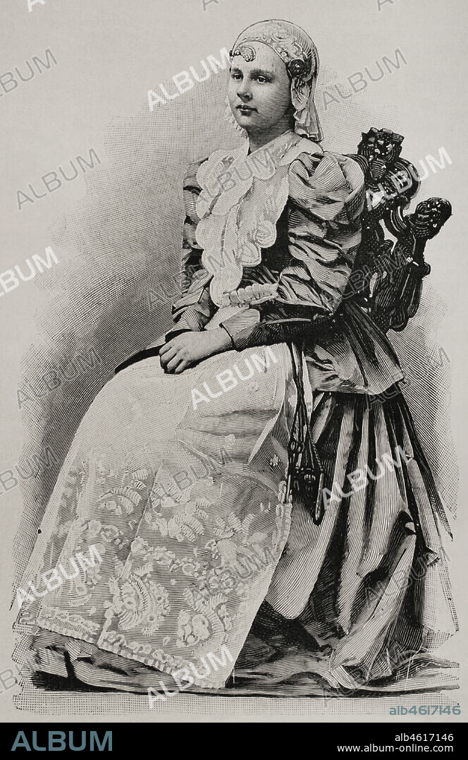 Guillermina de los Países Bajos (1880-1962). Reina de los Países Bajos entre 1890 y 1948. Casa de Orange-Nassau. La reina Guillermina con el traje tradicional. Grabado. La Ilustración Española y Americana, 1898.