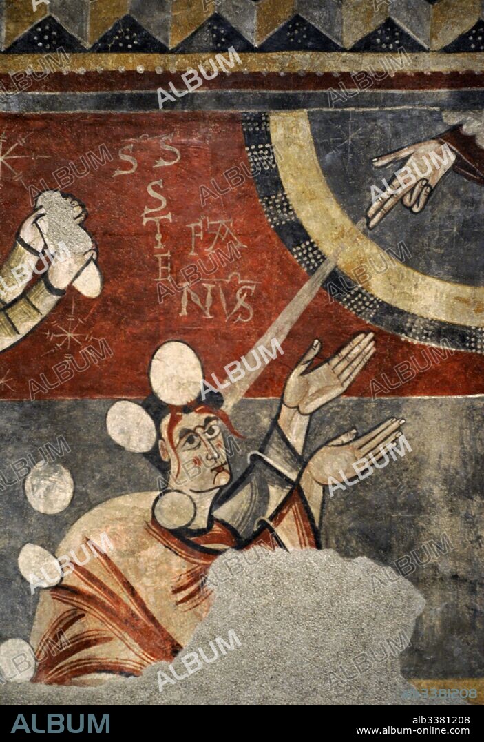 Maestro de Boí. Lapidación de San Esteban de Boí, hacia 1100. Detalle. Románico. Fresco traspasado a lienzo. Procede de la Iglesia parroquial de Sant Joan de Boí (San Juan de Boí), Cataluña. Museo Nacional de Arte de Cataluña. Barcelona. Cataluña. España. Master of Boi. Stoning of Saint Stephen of Boi, ca.1100. Romanesque. Fresco transferred to canvas. From the Parish Church of St Joan de Boi (Saint John of Boi), Catalonia, Spain. National Art Museum of Catalonia. Barcelona. Catalonia. Spain.