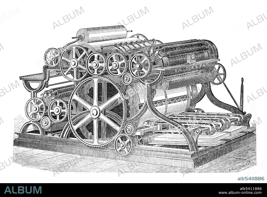 William Bullock (1813 - April 12, 1867) was an American inventor. Orphaned at an early age, he worked with his brother as a machinist and iron-founder. His fascination with books led him to acquire much knowledge of mechanics. He designed a cotton and hay press, a seed planter, a lathe cutting machine, and a grain drill. In 1863, Bullock perfected a printing press called the web rotary press. Richard March Hoe had invented the rotary press in 1843, but Bullock's press was an improvement over Hoe's design. Bullock's press allowed for continuous large rolls of paper to be automatically fed through the rollers, eliminating the laborious hand-feeding system of earlier presses. The press was self-adjusting, printed on both sides, folded the paper, and a sharp serrated knife that rarely needed sharpening cut sheets with rapid precision. The press could print up to 12,000 sheets an hour; later improvements raised the speed to up to 30,000 sheets an hour. In a bizarre accident, Bullock was killed by his own invention. In 1867 he was making adjustments to one of his new presses that was being installed for the Philadelphia Public Ledger newspaper. Bullock tried to kick a driving belt onto a pulley. His leg was crushed when it became caught in the machine. After a few days, he developed gangrene. On April 12, 1867, Bullock died during an operation to amputate the leg.
