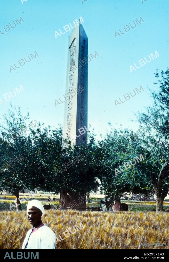 Colour photograph of the Temple of Re-Atum Obelisk at Heliopolis, Egypt. Erected by Senusret I of the 12th Dynasty. Dated 1910.