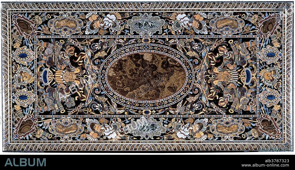 Taller romano / 'Tablero de mesa de don Rodrigo Calderón'. Hacia 1600. Alabastro, Lapislázuli, Mármol africano, Mármol blanco, Mármol polícromo, Paragone, 6 x 263 cm.