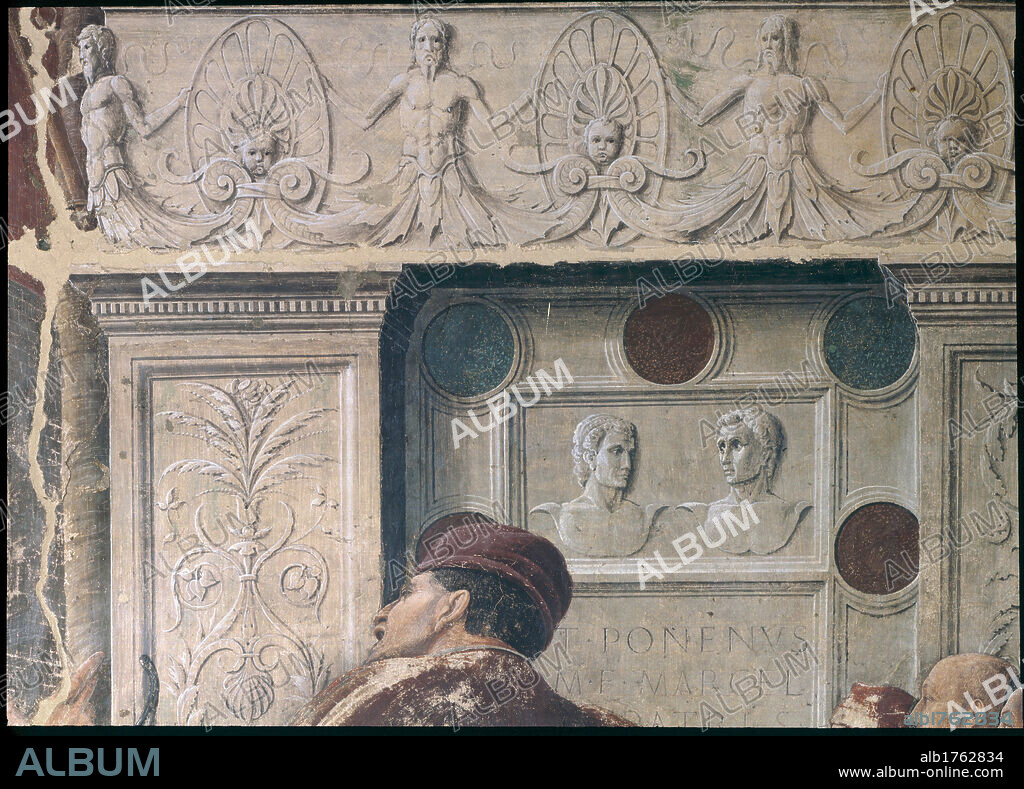 Stories of St James and St Christopher, by Andrea Mantegna, 1454-1457, 15th Century, detached fresco replaced in situ, cm 332. Italy, Veneto, Padua, Eremitani Church, Ovetari Chapel. Detail. The martyrdom of St Christopher and the transportation of his body. Face in relief and tombstone of the classical building in the background, man from behind, face in profile.