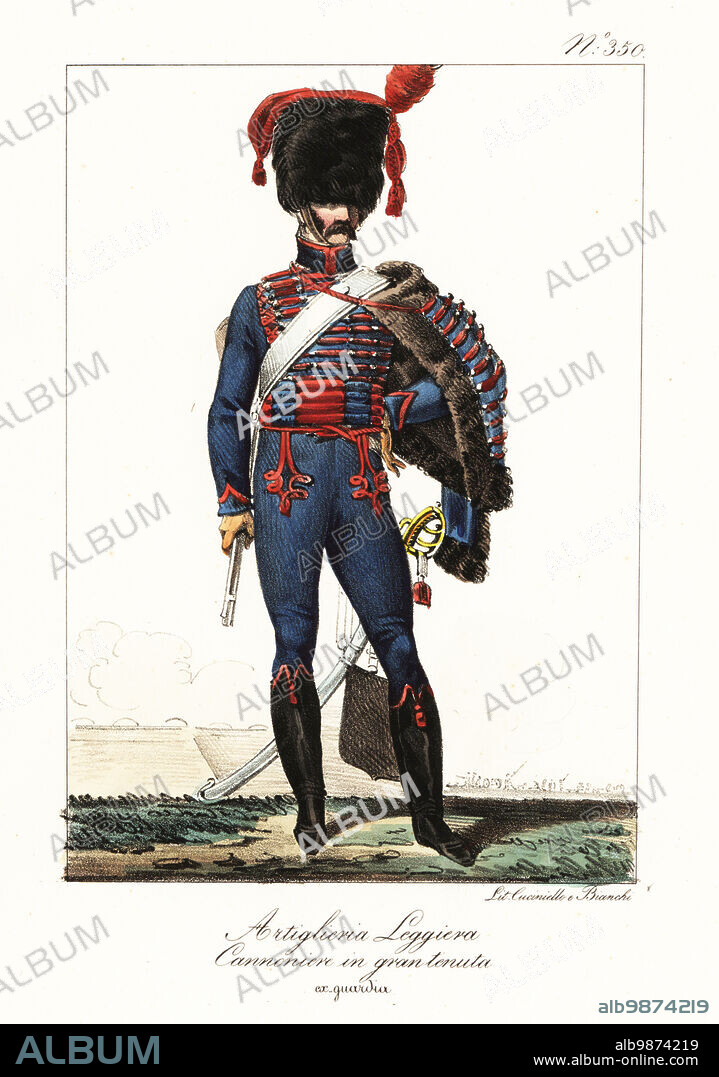Full dress uniform of a gunner in the Light Artillery, Napoleon's Army. Bearskin helmet with brush, fur-lined pelisse, blue uniform with crimson frogging, breeches, black boots, sabretache and sabre. Artillerie Legere. Canonnier en grande tenue, ex-Garde. Handcoloured lithograph by Lorenzo Bianchi and Domenico Cuciniello after Hippolyte Lecomte from Costumi civili e militari della monarchia francese dal 1200 al 1820, Naples, 1825. Italian edition of Lecomtes Civilian and military costumes of the French monarchy from 1200 to 1820.