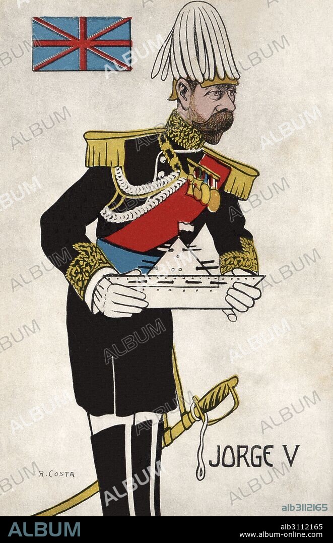 R. COSTA. Jorge V de Inglaterra (1865-1936), rey del Reino Unido y la Mancomunidad británica. Caricatura. Tarjeta postal, año 1914.