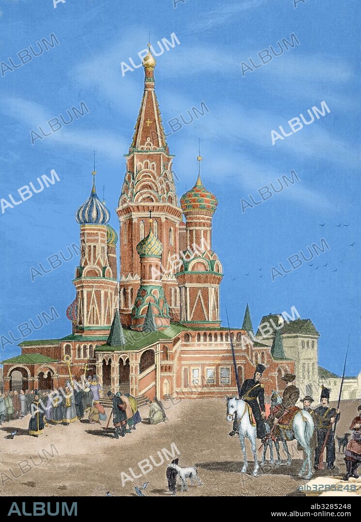 HISTORIA DE RUSIA. MOSCU. Vista de la IGLESIA DE SAN BASILIO, construída por Barma y Posnik (1560), mezcla de estilo bizantino, indio y chino, con cúpulas de colores. Grabado coloreado del siglo XIX.